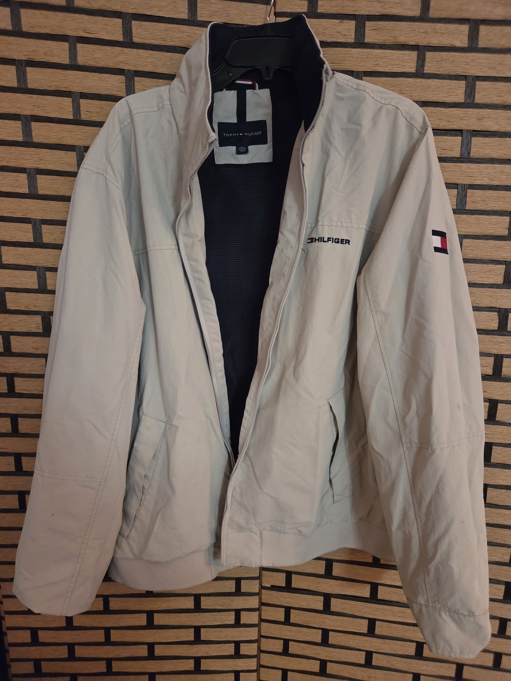 Tommy Hilfiger Men's Light Beige Bomber Jacket with Flag Detail